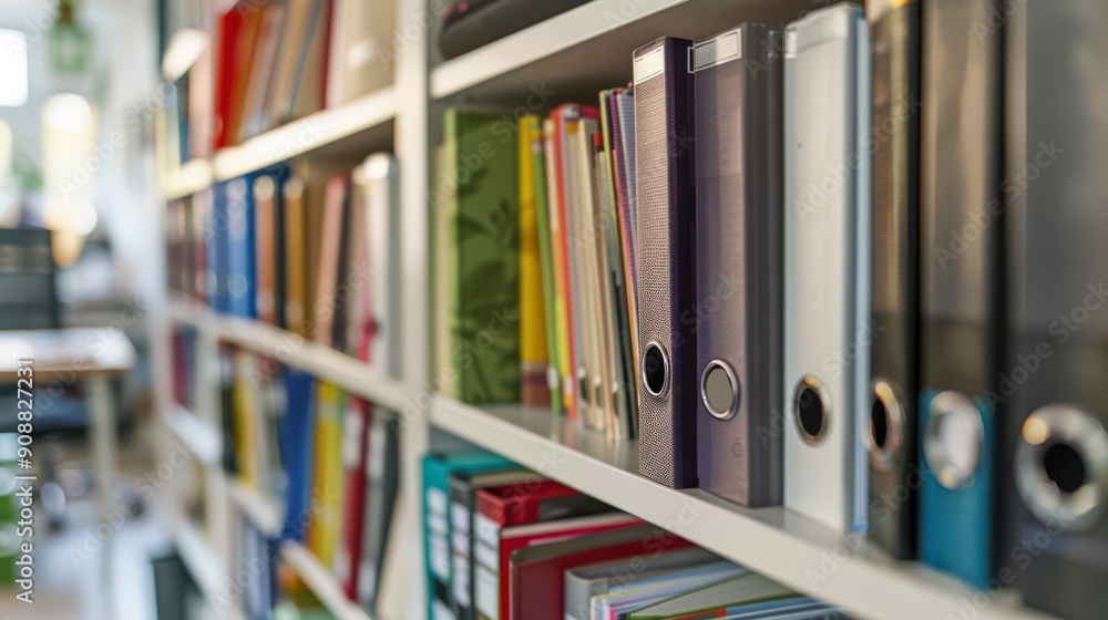 Close-up of neatly organized office shelves filled with documents and binders in a bright, modern office. Minimalist office design, showing well-organized files and folders Close-up of neatly organized office shelves filled with documents and binders in a bright, modern office. Minimalist office design, showing well-organized files and folders