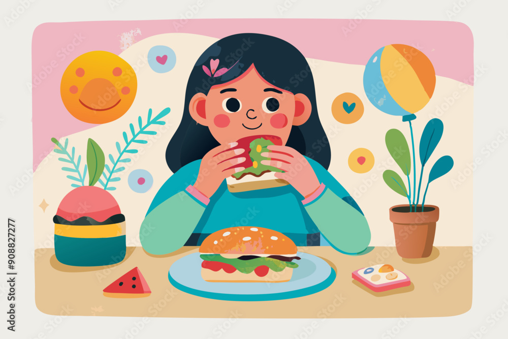Cheerful Girl Enjoying Delicious Burger Meal with Sunny Background Cheerful Girl Enjoying Delicious Burger Meal with Sunny Background