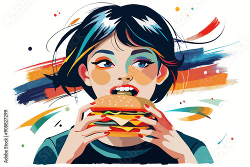 Vibrant, Artistic Illustration of Woman Enjoying Delicious Burger