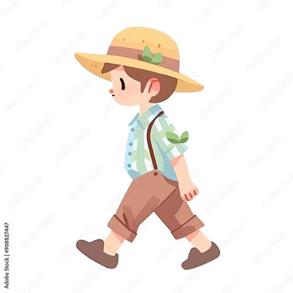 An illustration of a boy farmer wearing a hat while walking