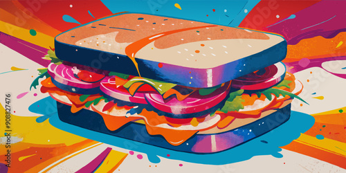 Vibrant Illustrated Sandwich on Abstract Artistic Background