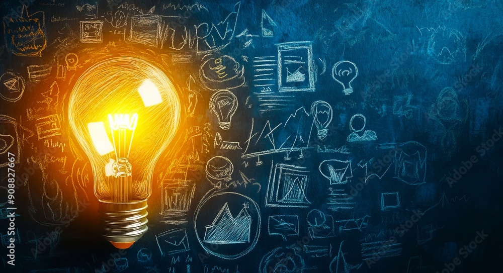 A light bulb with a lot of doodles drawn on it A light bulb with a lot of doodles drawn on it