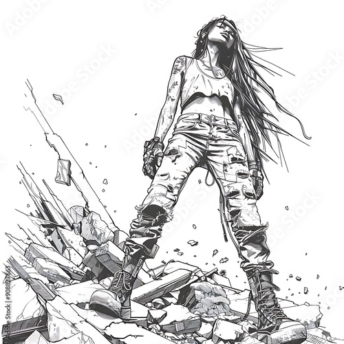 Triumphant Female Amidst Rubble – Abstract Black and White Illustration