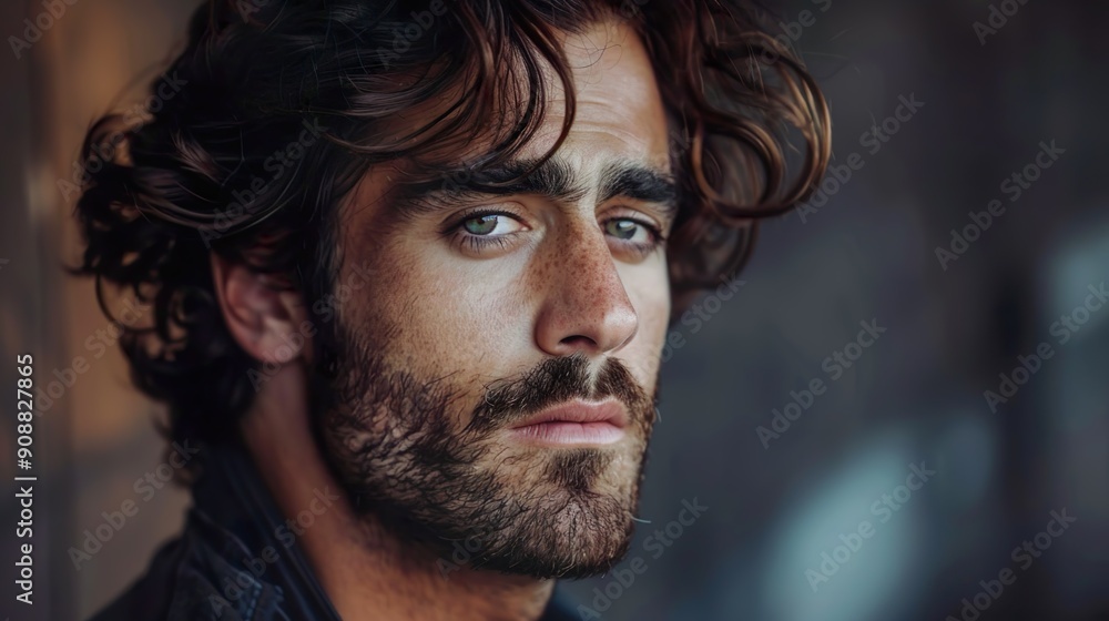 Intense Close-Up Portrait of a Man with Blue Eyes and Long Hair Intense Close-Up Portrait of a Man with Blue Eyes and Long Hair