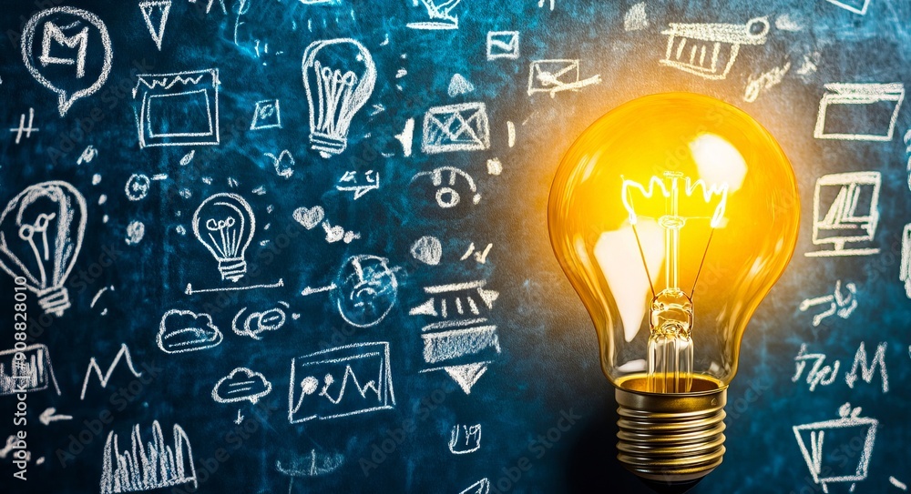A light bulb sitting on top of a blackboard with doodles on it A light bulb sitting on top of a blackboard with doodles on it