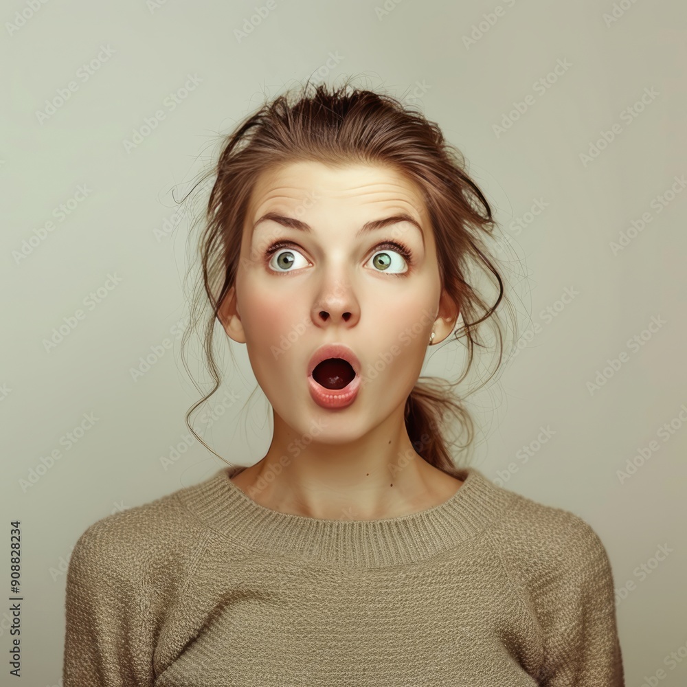 Young Woman With Brown Hair Expressing Surprise With Open Mouth Young Woman With Brown Hair Expressing Surprise With Open Mouth