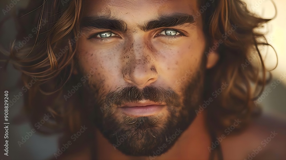 Intense Close-Up Portrait of a Man with Blue Eyes and Long Hair Intense Close-Up Portrait of a Man with Blue Eyes and Long Hair