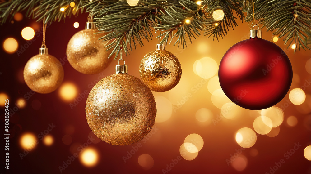 Christmas golden balls with tree and garland lights glow background Christmas golden balls with tree and garland lights glow background