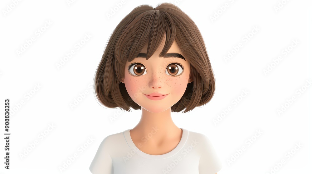 A vibrant 3D cartoon character of a smiling brunette teenager with big brown eyes, exuding joy and charm. A vibrant 3D cartoon character of a smiling brunette teenager with big brown eyes, exuding joy and charm.