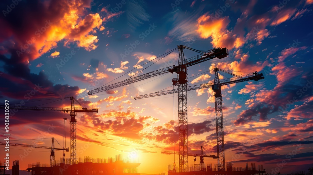 Silhouette of several tower cranes at a construction site during the evening sunset. Silhouette of several tower cranes at a construction site during the evening sunset.