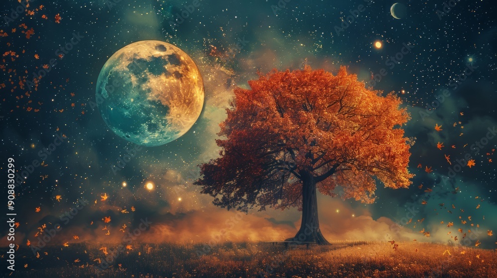 Beautiful fantasy autumn - autumn maple tree and full moon with milky way stars in night sky background. Retro style artwork with vintage tones. Beautiful fantasy autumn - autumn maple tree and full moon with milky way stars in night sky background. Retro style artwork with vintage tones.
