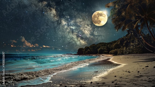Fototapeta Naklejka Na Ścianę i Meble -  Beautiful fantasy tropical beach with milky way stars in the night sky, full moon - retro style artwork with vintage tones.