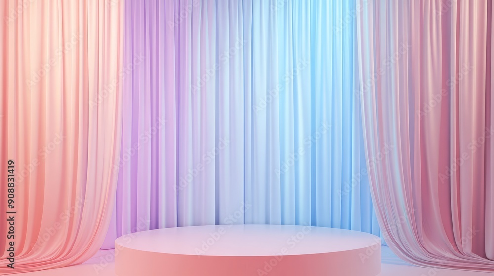 Pink, Purple, and Blue Draped Curtains with a Circular Platform Pink, Purple, and Blue Draped Curtains with a Circular Platform
