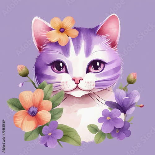 Cat with violet flowers