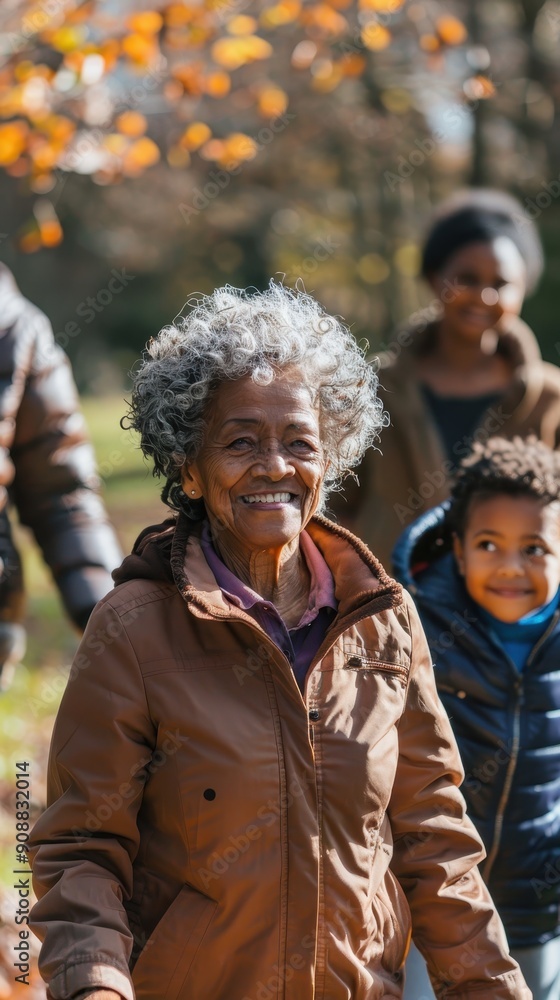 A grandmother smiles brightly while walking with her family through a colorful autumn park A grandmother smiles brightly while walking with her family through a colorful autumn park