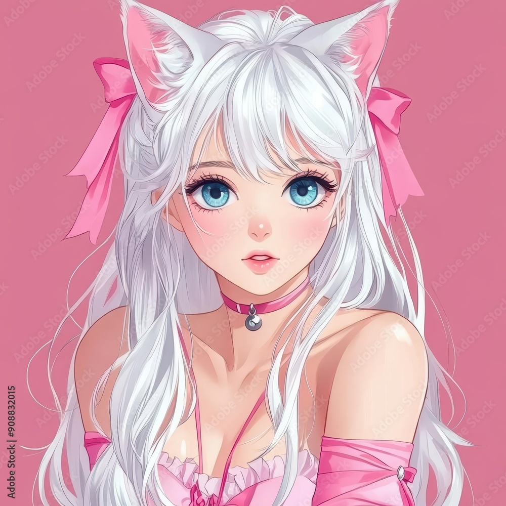 Adorable anime girl with white hair, cat ears, and pastel pink ribbons, exuding charm and whimsy in her outfit. Adorable anime girl with white hair, cat ears, and pastel pink ribbons, exuding charm and whimsy in her outfit.