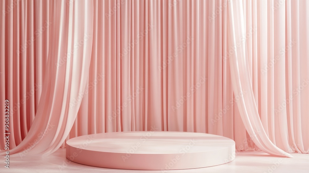 Pink Draped Curtains with a Round Pedestal in the Center Pink Draped Curtains with a Round Pedestal in the Center