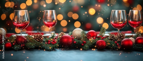 A festive table setting with red wine glasses, vibrant ornaments, and holiday decorations, perfect for Christmas celebrations.