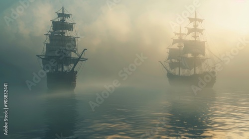 Two Silhouettes of Tall Ships on a Misty Sea