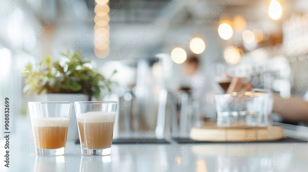 Freshly brewed coffee served in elegant glasses, paired with a vibrant green plant in a cozy cafe setting. Freshly brewed coffee served in elegant glasses, paired with a vibrant green plant in a cozy cafe setting.