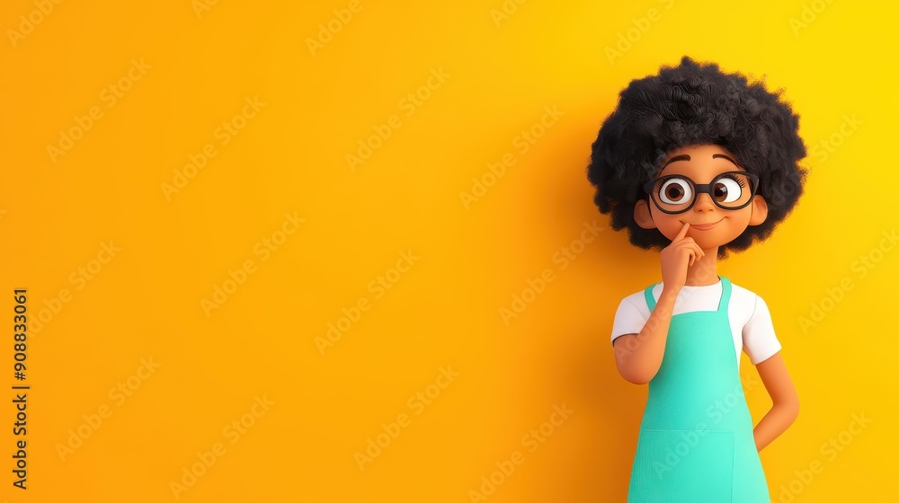 A cute, casual character with glasses and a turquoise apron, thoughtfully posing against an orange backdrop. A cute, casual character with glasses and a turquoise apron, thoughtfully posing against an orange backdrop.