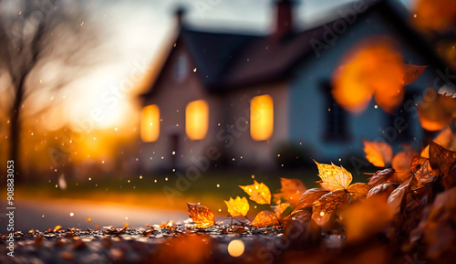 Abstract autumn scene and English country style house village on background, beautiful countryside nature with autumnal leaves and bokeh, post-processed, generative ai photo