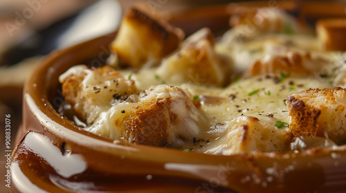 Close-up of the surface of French onion soup with melted cheese and croutons