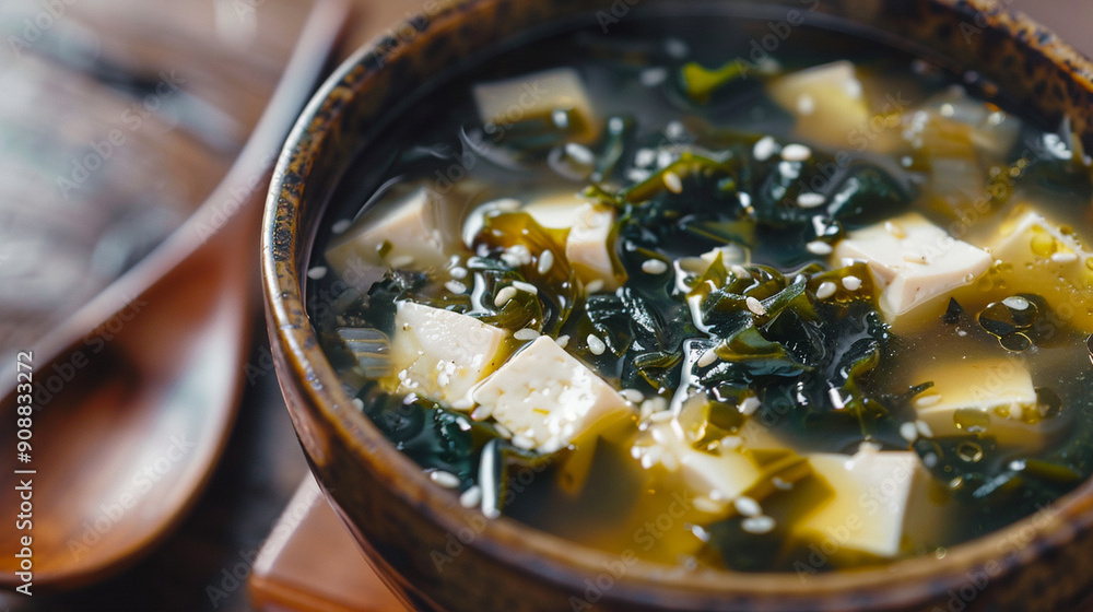 Close-up of abstract patterns in a bowl of miso soup with tofu and seaweed Close-up of abstract patterns in a bowl of miso soup with tofu and seaweed