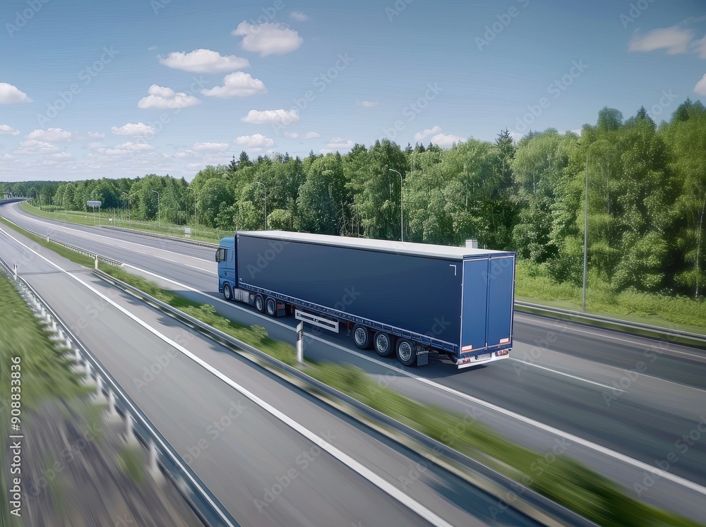 A blue cargo truck driving on the highway road. A blue cargo truck driving on the highway road.