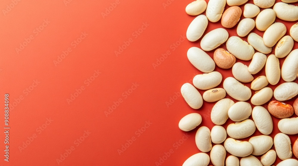 White beans on red background with copy space. White beans on red background with copy space.
