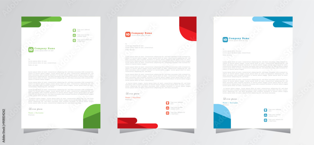 Simple letterhead design template with green, blue and red colour, Geometrict shape design for letterhead. Corporate and professional business letterhead template, A4 vector template, Simple letterhead design template with green, blue and red colour, Geometrict shape design for letterhead. Corporate and professional business letterhead template, A4 vector template,