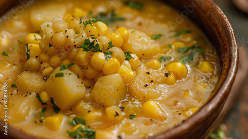 Close-up of the textures in a bowl of corn chowder with kernels of corn and diced potatoes