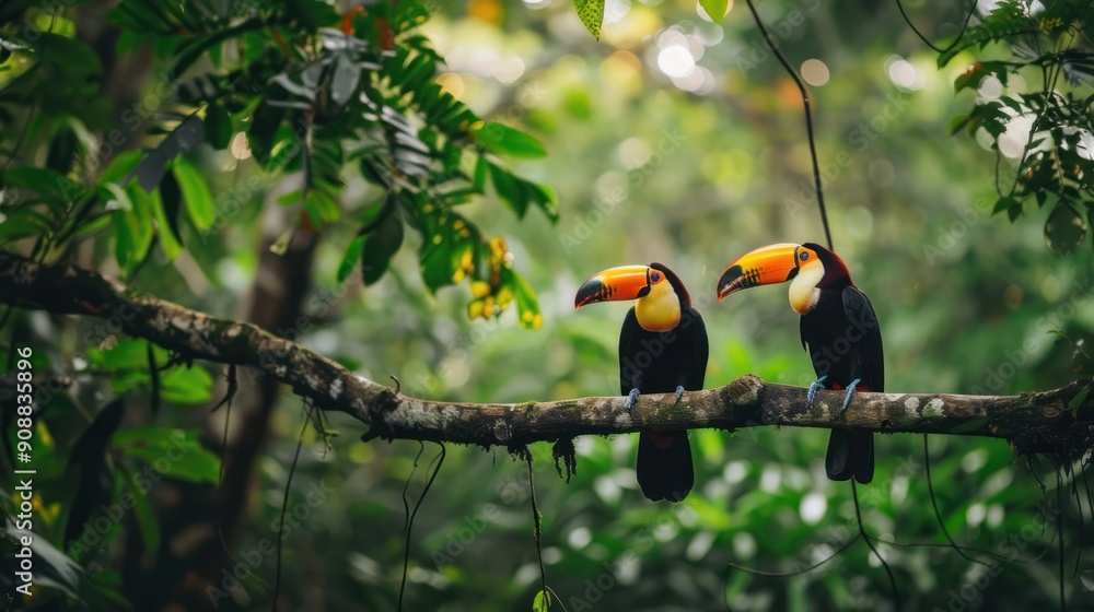 Toucan perched on a tree branch in a tropical forest
