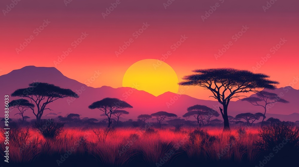Sunset Silhouette of African Savanna with Tall Grass and Mountains Sunset Silhouette of African Savanna with Tall Grass and Mountains