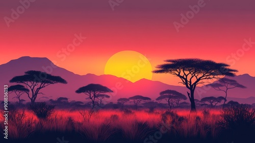 Sunset Silhouette of African Savanna with Tall Grass and Mountains