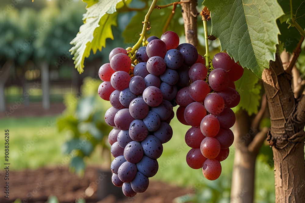 Fototapeta premium Fresh, organic red grapes with a blurred green garden background