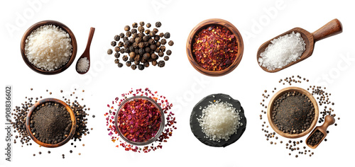 Fototapeta Naklejka Na Ścianę i Meble -  Set of crushed red chili pepper flakes, black pepper, salt in wooden bowl. Top View isolated on white background PNG