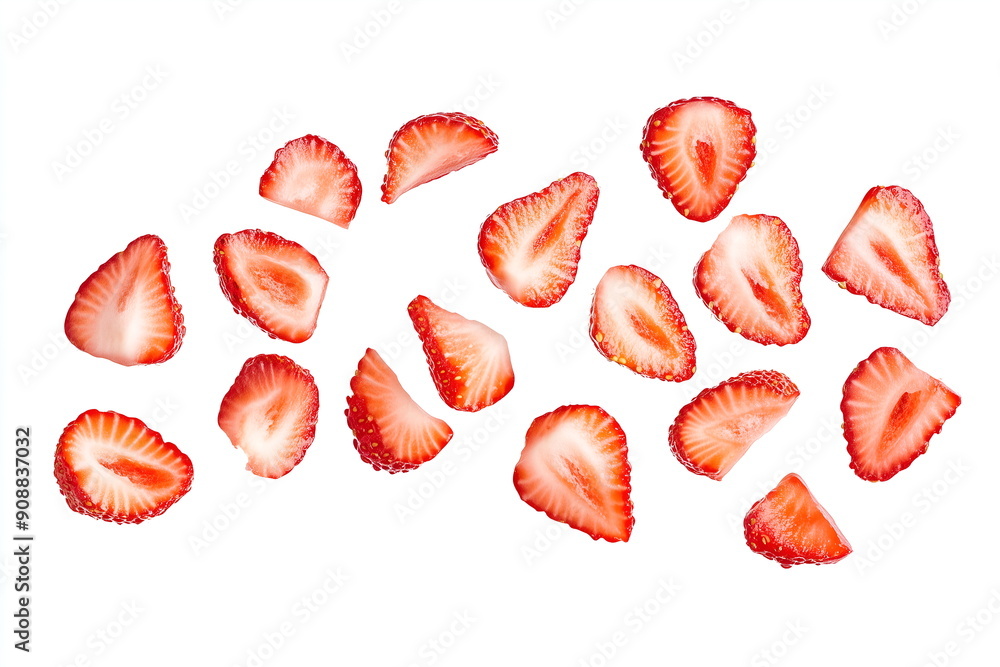 Strawberry slices flying on the white background, layout, banner, healthy food Strawberry slices flying on the white background, layout, banner, healthy food
