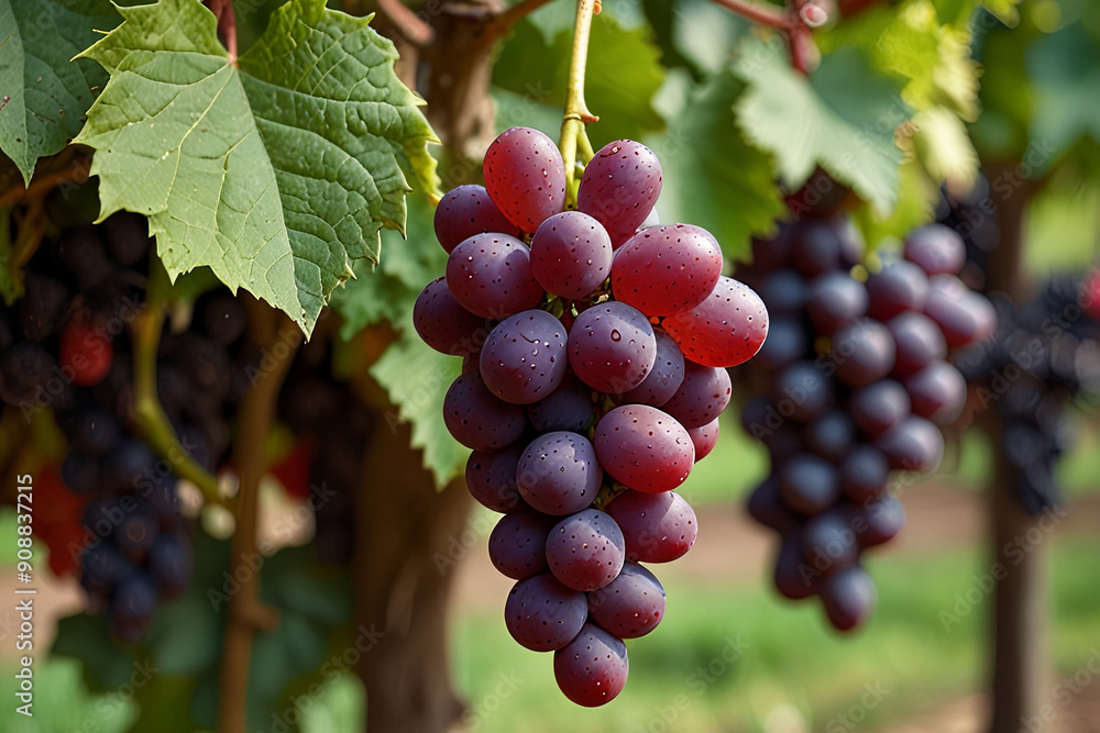 Fresh, organic red grapes with a blurred green garden background Fresh, organic red grapes with a blurred green garden background
