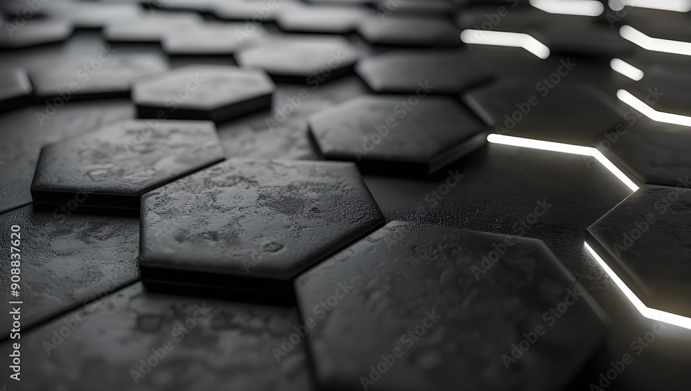 3d render of black hexagon tiles with white light in the corners. 3d render of black hexagon tiles with white light in the corners.