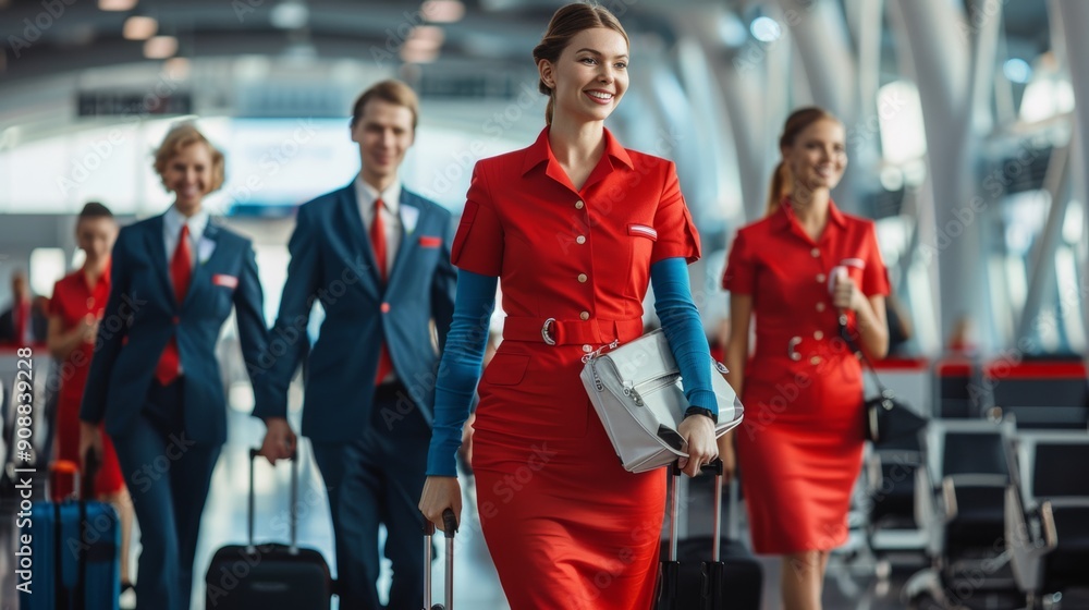 Obraz premium Photo of flight attendants and pilots with suitcases in tow walking in airport terminal.