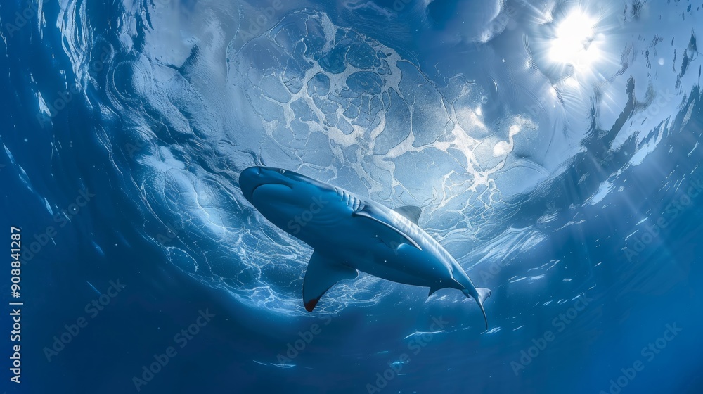Fototapeta premium Sharks swim in the blue ocean.