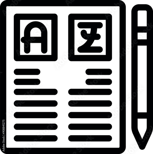 Line art icon of a digital tablet with different alphabets and a pencil aside, representing online translation