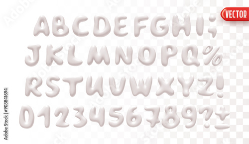 Plastic 3d realistic font liquid shapes white milk colors. A set of letters and numbers isolated on a white background with a transparency effect. vector illustration