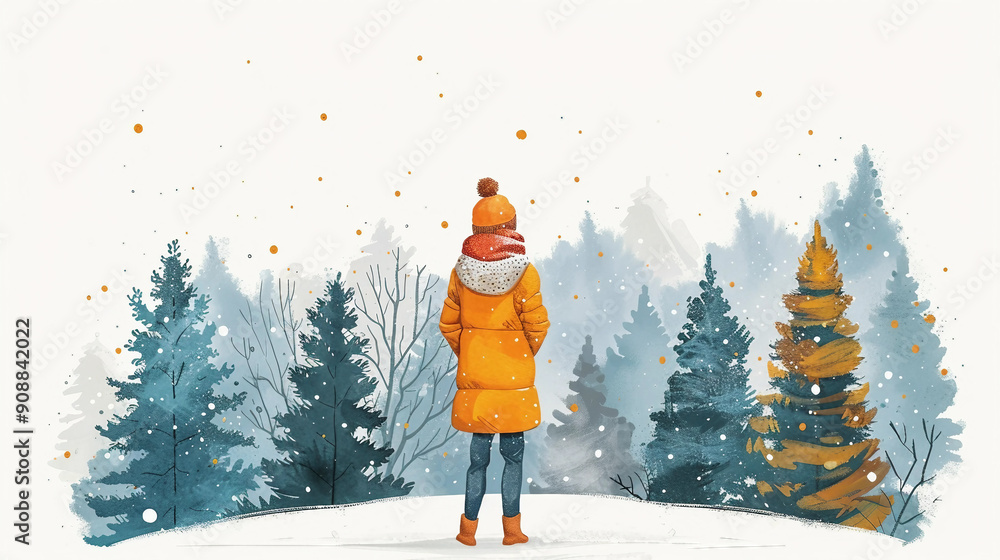 A woman in a yellow coat stands in front of a forest of trees A woman in a yellow coat stands in front of a forest of trees