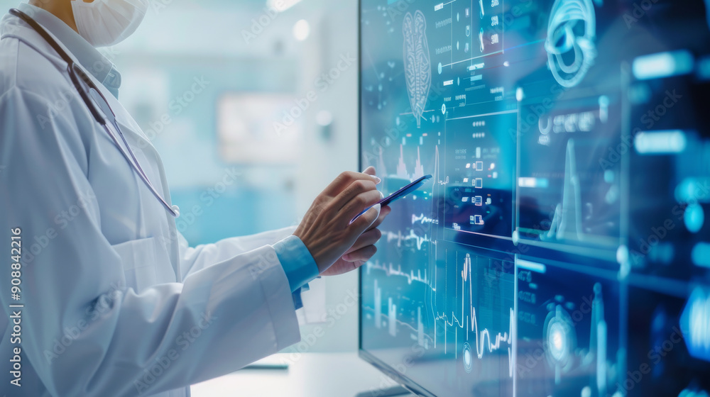 A healthcare professional using a touchscreen to access complex brain data, symbolizing cutting-edge medical research and innovation. A healthcare professional using a touchscreen to access complex brain data, symbolizing cutting-edge medical research and innovation.