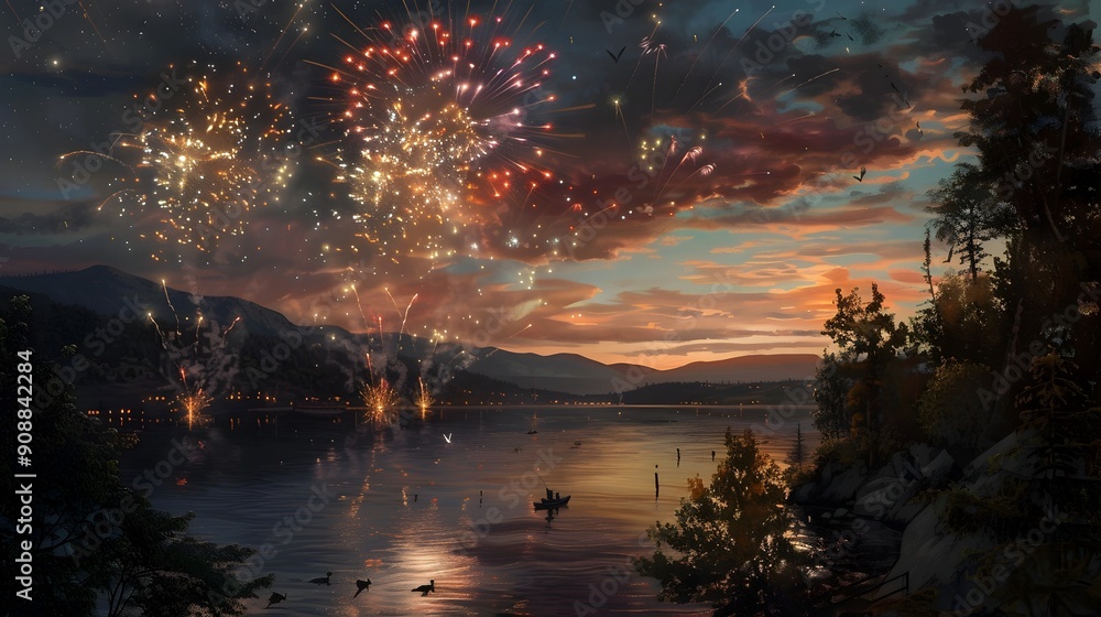 Mesmerizing Fireworks Display Reflecting on Serene Lake at Sunset Mesmerizing Fireworks Display Reflecting on Serene Lake at Sunset