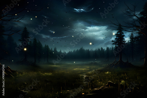 Enchanting Luminescence: A Spectacle of Fireflies Illuminating the Evening Landscape