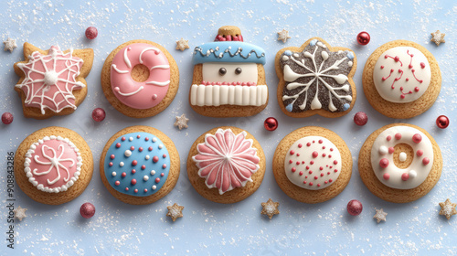 Colorful decorated cookies arranged on a blue surface, perfect for holiday celebrations and sweet treats.