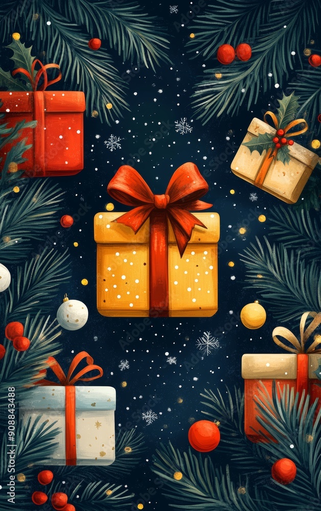 Colorful gifts wrapped with ribbons surrounded by festive decorations and pine branches, perfect for holiday celebrations. Colorful gifts wrapped with ribbons surrounded by festive decorations and pine branches, perfect for holiday celebrations.